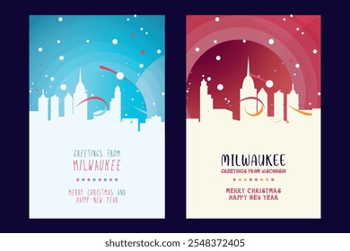 Milwaukee Christmas poster with skyline, cityscape. Winter USA Wisconsin state holiday, New Year vector brochure, website, flyer, leaflet, card layout