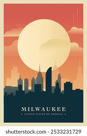 Milwaukee city brutalism poster with abstract skyline, cityscape. USA Wisconsin state retro vector illustration. US travel front cover, brochure, flyer, leaflet, presentation template, layout image