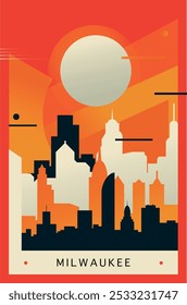 Milwaukee city brutalism poster with abstract skyline, cityscape. USA Wisconsin state retro vector illustration. US travel front cover, brochure, flyer, leaflet, presentation template, layout image