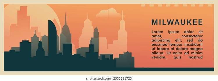 Anuncio de Vector de brutalismo de la ciudad de Milwaukee con horizonte, paisaje urbano. USA Ilustración Horizontal retro del estado de Wisconsin. Estados Unidos de América diseño de viaje para presentación de Web, encabezado, pie de página