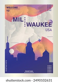 Milwaukee city poster with abstract skyline, horizon, landmark and attraction. USA, Wisconsin state vector illustration layout for vertical brochure, website, flyer, presentation, book cover