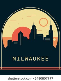 Milwaukee City Retro-Stil Poster mit Skyline, Stadtbild. Vereinigte Staaten Wisconsin State Vintage Vektorillustration. US Frontabdeckung, Broschüre, Flyer, Faltblatt Vorlage, Layout Bild