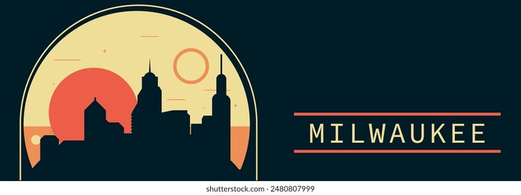 Milwaukee city retro style vector banner with skyline, cityscape. USA Wisconsin state vintage horizontal illustration. United States of America travel layout for web presentation, header, footer