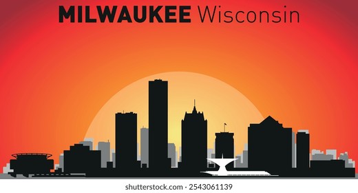 Horizonte de la ciudad de Milwaukee con siluetas de edificios con el telón de fondo de un Grande sol amarillo y cielo naranja. Vector en el fondo de la puesta del sol