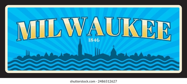 Milwaukee city in Wisconsin, United States of America territory. Vector travel plate, vintage tin sign, retro welcoming postcard design. Plaque with cityscape silhouette and river water