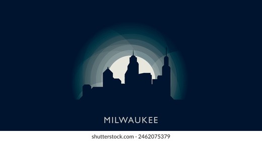 Milwaukee cityscape skyline city panorama vector flat banner illustration. USA, Wisconsin state emblem idea with landmarks and building silhouettes at sunrise sunset night