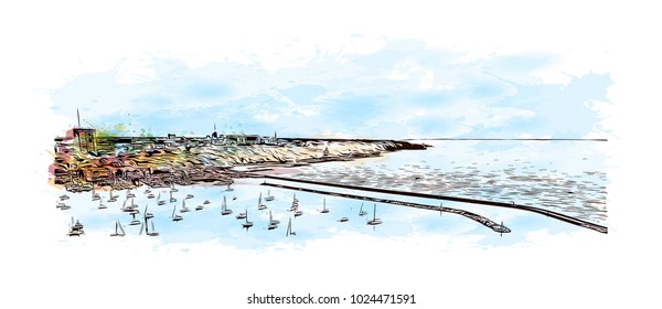 The Milwaukee lakefront skyline in Wisconsin, USA. Watercolor splash with Hand drawn sketch illustration in vector.