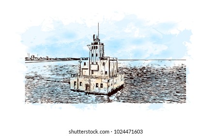 The Milwaukee lakefront skyline in Wisconsin, USA. Watercolor splash with Hand drawn sketch illustration in vector.