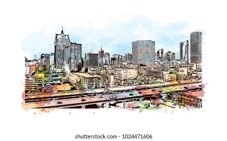 The Milwaukee lakefront skyline in Wisconsin, USA. Watercolor splash with Hand drawn sketch illustration in vector.