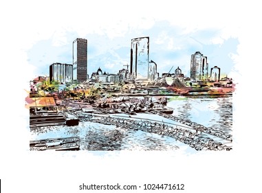The Milwaukee lakefront skyline in Wisconsin, USA. Watercolor splash with Hand drawn sketch illustration in vector.