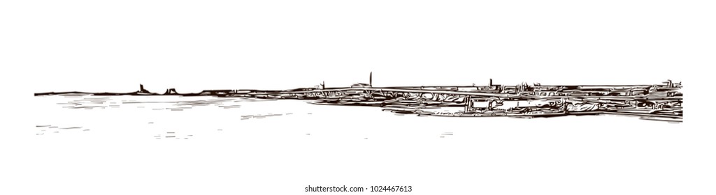 The Milwaukee lakefront in Wisconsin, USA. Hand drawn sketch illustration in vector.