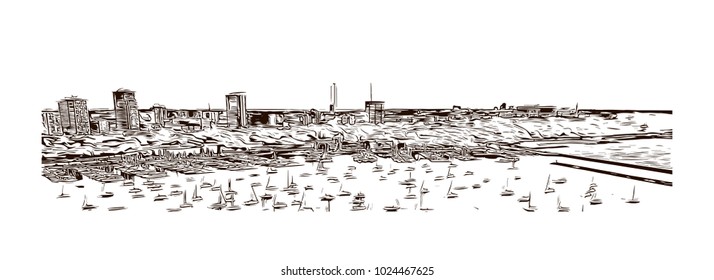 The Milwaukee lakefront in Wisconsin, USA. Hand drawn sketch illustration in vector.
