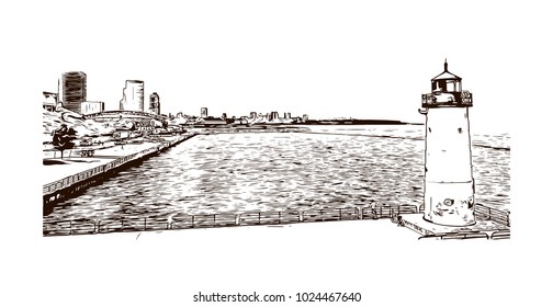 The Milwaukee lakefront in Wisconsin, USA. Hand drawn sketch illustration in vector.