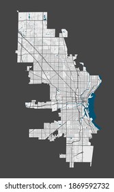 Milwaukee map. Detailed map of Milwaukee city administrative area. Cityscape panorama. Royalty free vector illustration. Outline map with highways, streets, rivers. Tourist decorative street map.