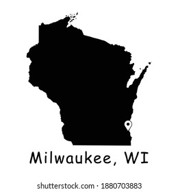 Milwaukee on Wisconsin State Map. Detailed WI State Map with Location Pin on Milwaukee City. Black silhouette vector map isolated on white background.