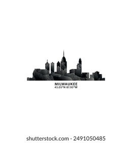 Milwaukee panorama, vector badge, skyline logo and icon. USA, Wisconsin state city horizon logotype with landmarks and building silhouettes. Isolated foggy abstract gradient graphic