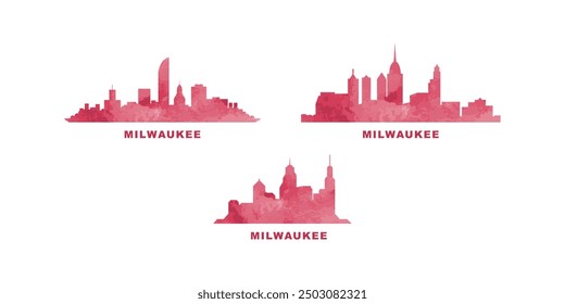 Milwaukee skyline vector logo set. USA, Wisconsin state profile contour collection in watercolor style. Isolated minimalistic badges, icons for american city