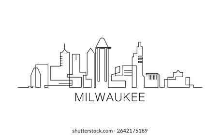 Milwaukee stroke, single art skyline. Continuous urban panorama silhouette outline, vector illustration of USA, Wisconsin state city with buildings, skyscrapers. Thin line icon, logo, card