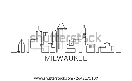 Milwaukee stroke, single art skyline. Continuous urban panorama silhouette outline, vector illustration of USA, Wisconsin state city with buildings, skyscrapers. Thin line icon, logo, card