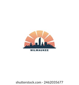 El horizonte de la ciudad de Milwaukee USA y el logotipo de paisaje urbano. Panorama, icono del estado de Wisconsin de los Estados Unidos, Lugares famosos abstractos, edificios al atardecer, amanecer. Estados Unidos de América gráfico aislado, plano de Vector