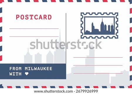 From Milwaukee, USA postal card template. Vector postcard illustration with stamp, landmark, message. Cool flat Wisconsin greetings image layout