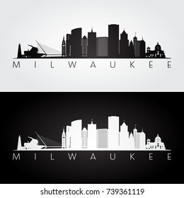 Milwaukee usa skyline and landmarks silhouette, black and white design, vector illustration.