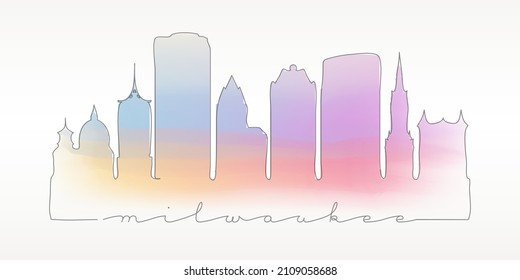 Milwaukee, WI, USA Skyline Watercolor City Illustration. Famous Buildings Silhouette Hand Drawn Doodle Art. Vector Landmark Sketch Drawing.