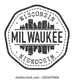 Milwaukee, WI, USA Stamp Skyline Postmark. Silhouette Postal Passport. City Round Vector Icon. Vintage Postage Design.