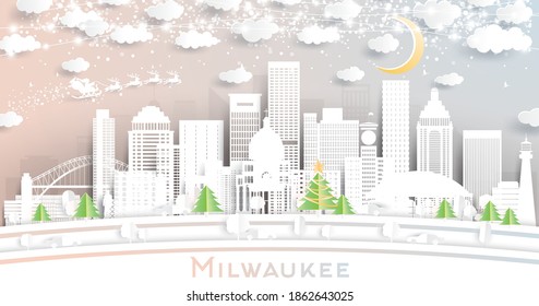 Milwaukee Wisconsin City Skyline in Paper Cut Style with Snowflakes, Moon and Neon Garland. Vector Illustration. Christmas and New Year Concept. Santa Claus on Sleigh.