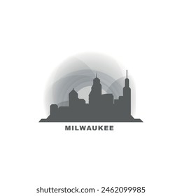 Milwaukee, Wisconsin paisaje urbano paisaje panorama Vector logotipo plano, icono moderno. EE.UU., Estados Unidos Lugares famosos de la ciudad y siluetas de construcción, Clipart aislado en el atardecer, amanecer, gris noche