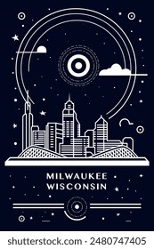 Afiche creativo del estado de Milwaukee, Wisconsin con paisaje urbano y horizonte de línea delgada abstracta. Ilustración en blanco y negro de la ciudad de Estados Unidos del Vector del estilo de la pizarra, gráfico de la Vertical