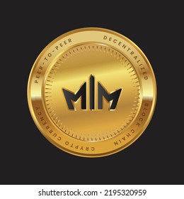 MIM Cryptocurrency logo in black color concept on gold coin. Mint Marble Block chain technology symbol. Vector illustration.