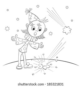 Mim - harlequin upset because shattered fallen star. Coloring book.