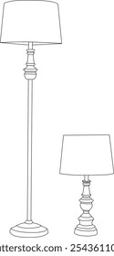 mimalist black-and-white outline illustration of a classic two-piece lamp set, designed specifically for a coloring page. The set includes  tall floor lamp and smaller table lamps