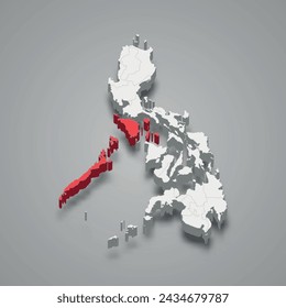 Región de Mimaropa resaltada en rojo en un mapa 3d gris de Filipinas