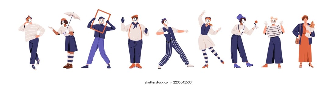 Mime actors, French artists set. Mimic comedians with face makeup, silent street performers acting, performing deaf, comedy, pantomimes. Flat vector illustrations isolated on white background.
