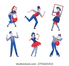 Mime actors. Pantomime actor circus character, french street performer silent mimic gesture clown costume beret france paris comedy theatre show, qualitative vector illustration