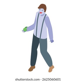 Mime artist holding a green apple, performing a pantomime show on the street