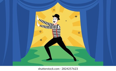 Mime artist performs dramatic pantomime routine on stage between large blue curtains with bright yellow sun background.