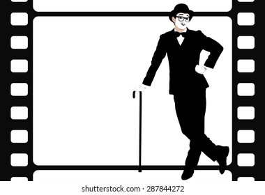 Mime with a cane in a black suit and bowler hat on the background of a retro film