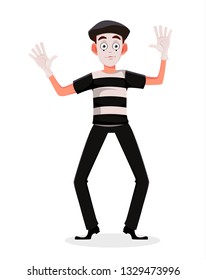 Mime cartoon character performing pantomime called Behind the wall. Flat style. Usable for April Fool's Day. Vector illustration isolated on white background.