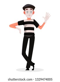 Mime cartoon character performing pantomime. Flat style. Usable for April Fool's Day. Vector illustration isolated on white background.