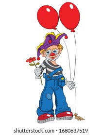 Mime clown with cupcake and colorful balloons smiling and waving