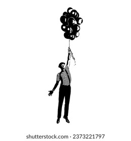 Mime flying and holding a bunch of balloons isolated on white background