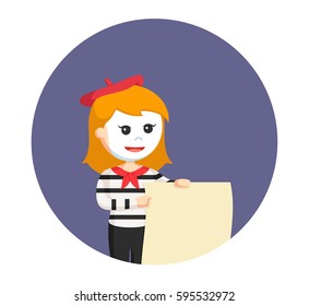 mime girl with big empty sheet in circle background
