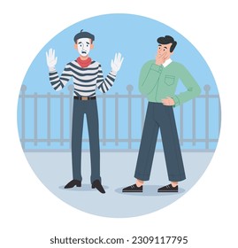 Mime and man. Character walks down street near young guy in coloring and striped clothes. Comedian or performer at street. Cute funny boy at street. Cartoon flat vector illustration