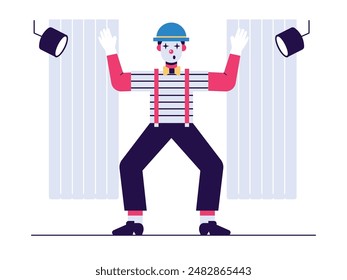 Mime man in costume and makeup performing on stage, theater show art. Character Design. Vector flat illustration