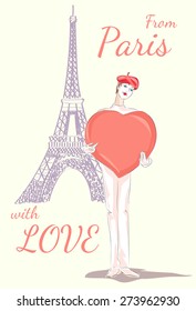 Mime in Paris with big heart toy hand drawn illustration Background 