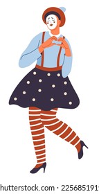 Mime performance, isolated female personage wearing skirt and beret showing expression and posing. Mime performer, entertainment and fun on stage for people. Cartoon character, vector in flat style