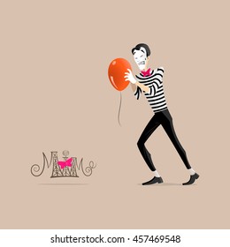 A Mime performing a pantomime called trying hardly to get an orange balloon moving forward